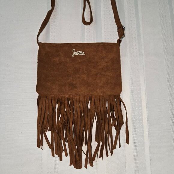 "Justice" Girls Brown Suede Fringe Crossbody Purse with Silver Pattern - NWOT - Picture 2 of 8